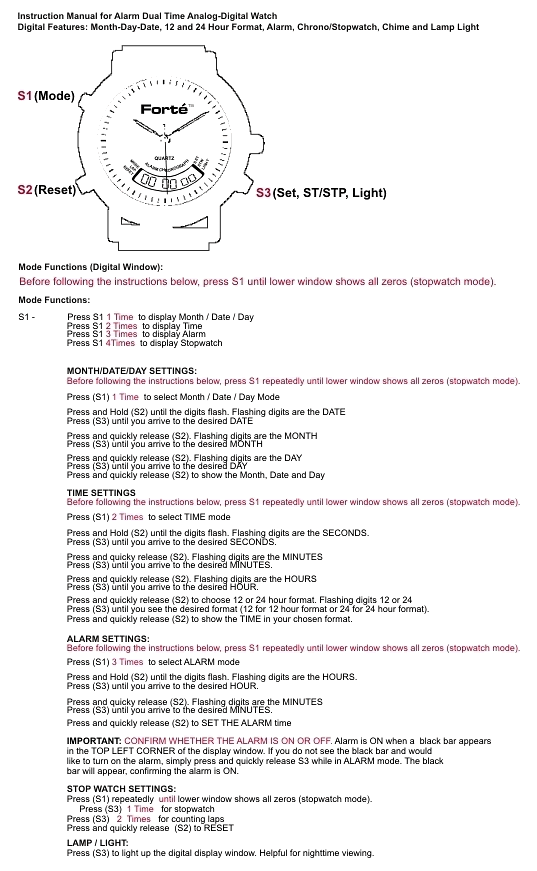 Alarm / Dual Time Watch Manual